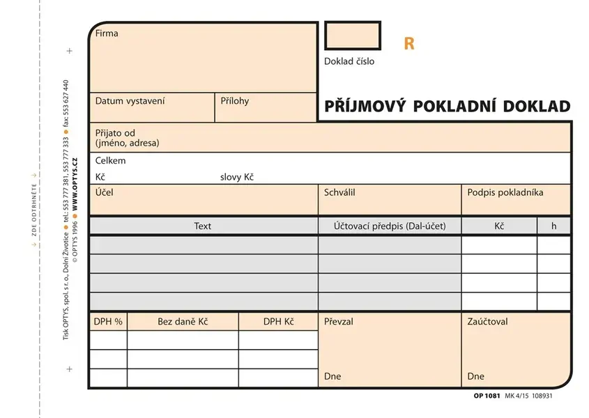 OPTYS 1081 Přijmový doklad A6 2x50 listů samopropisovací číslovaný 
