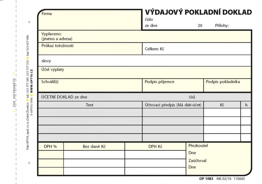 OPTYS 1083 Výdajový doklad A6 100 listů samopropisovací