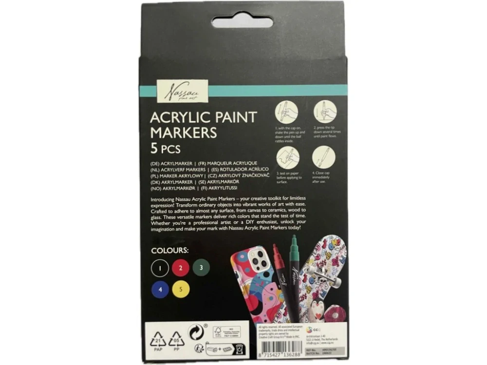 Akrylové fixy, 5 barev, tloušťka hrotu 2,5 mm