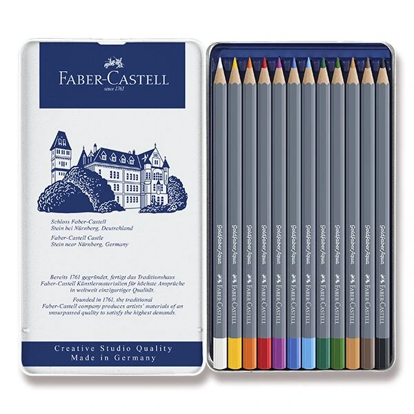 Akvarelové pastelky Faber-Castell Goldfaber Aqua - plechová krabička, 12 barev