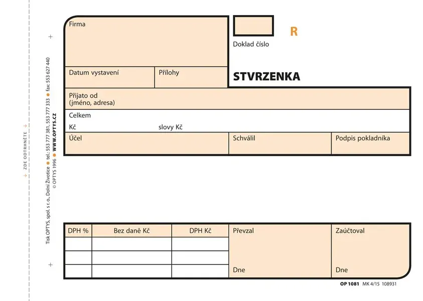 OPTYS 1081 Přijmový doklad A6 2x50 listů samopropisovací číslovaný 